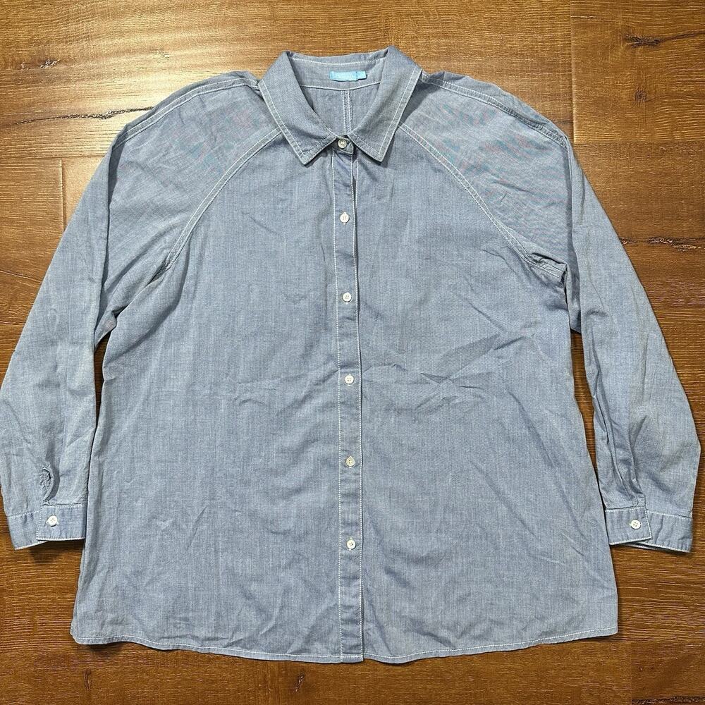 J McLaughlin Button Up Shirt Women L Blue Light Wash Classic Retro Designer City